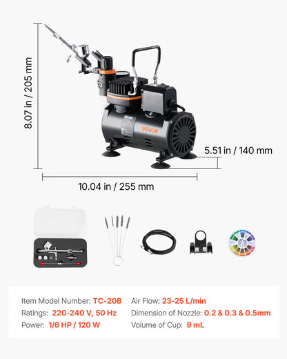 Airbrush Kit, 1/6 HP, Air Brush Kit with Air Compressor, 1 Dual-Action Professional Airbrush with 3 Tips, Hose, Holder, Cleaning Set, Low Noise, for Cake Decorating, Model Painting, Nail Art