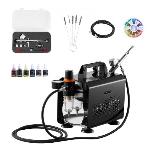 Airbrush Kit, 1/6 HP, Air Brush Kit with Air Compressor, 1 Dual-Action Professional Airbrush with 3 Tips, Hose, Acrylic Paint, Brush, Low Noise, for Cake Decorating, Model Painting, Nail Art