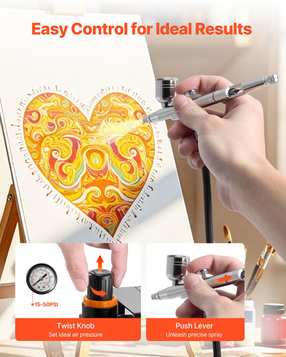 Airbrush Kit, 1/6 HP, Air Brush Kit with Air Compressor, 1 Dual-Action Professional Airbrush with 3 Tips, Hose, Acrylic Paint, Brush, Low Noise, for Cake Decorating, Model Painting, Nail Art
