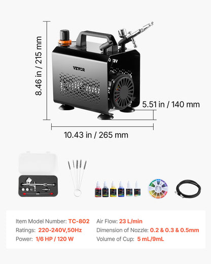 Airbrush Kit, 1/6 HP, Air Brush Kit with Air Compressor, 1 Dual-Action Professional Airbrush with 3 Tips, Hose, Acrylic Paint, Brush, Low Noise, for Cake Decorating, Model Painting, Nail Art