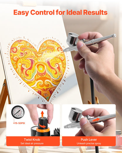 Airbrush-kit, 1/6 hk, Airbrush-kit med luftkompressor, 3 professionella airbrushar med dubbelverkande effekt och 3 munstycken, slang, akrylfärg, pensel, låg ljudnivå, för tårtdekorering, modellmålning, nagelkonst