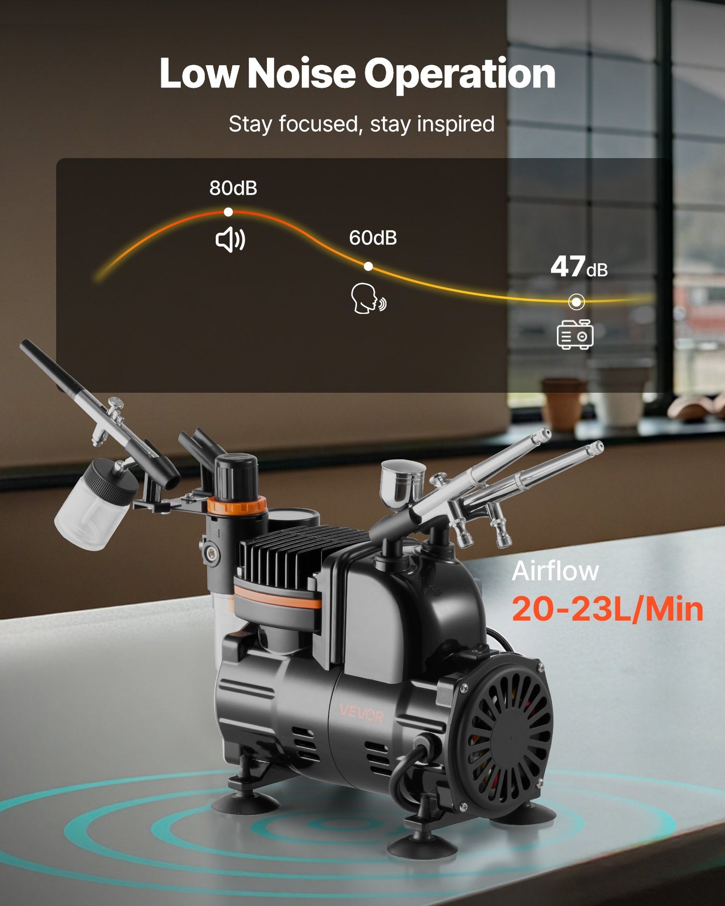 Airbrush-kit, 1/6 hk, Airbrush-kit med luftkompressor, 3 professionella airbrushar med dubbelverkande effekt och 3 munstycken, slang, akrylfärg, pensel, låg ljudnivå, för tårtdekorering, modellmålning, nagelkonst