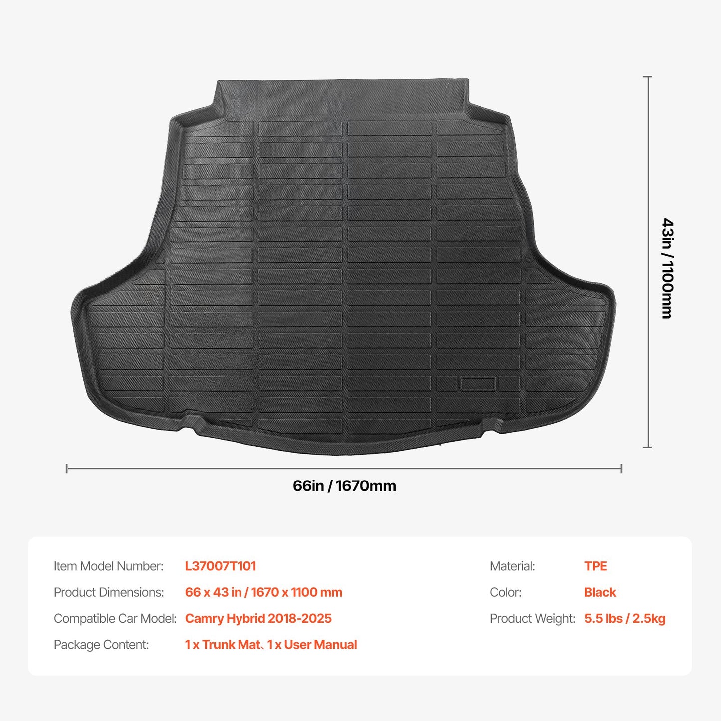 Cargo Mat Compatible with Toyota Camry Hybrid 2018-2025, Precise Fit Odorless Durable Trunk Mat, TPE Trunk Protector Replacement, Black (1PCS)