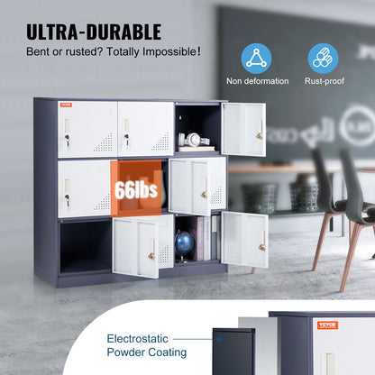 Metallskåp för anställda, förvaringsskåp med 9 dörrar och kortplats, grått stålskåp för anställda med nycklar, lastkapacitet 30 kg förvaringsskåp för kontor, hem, skola, gym