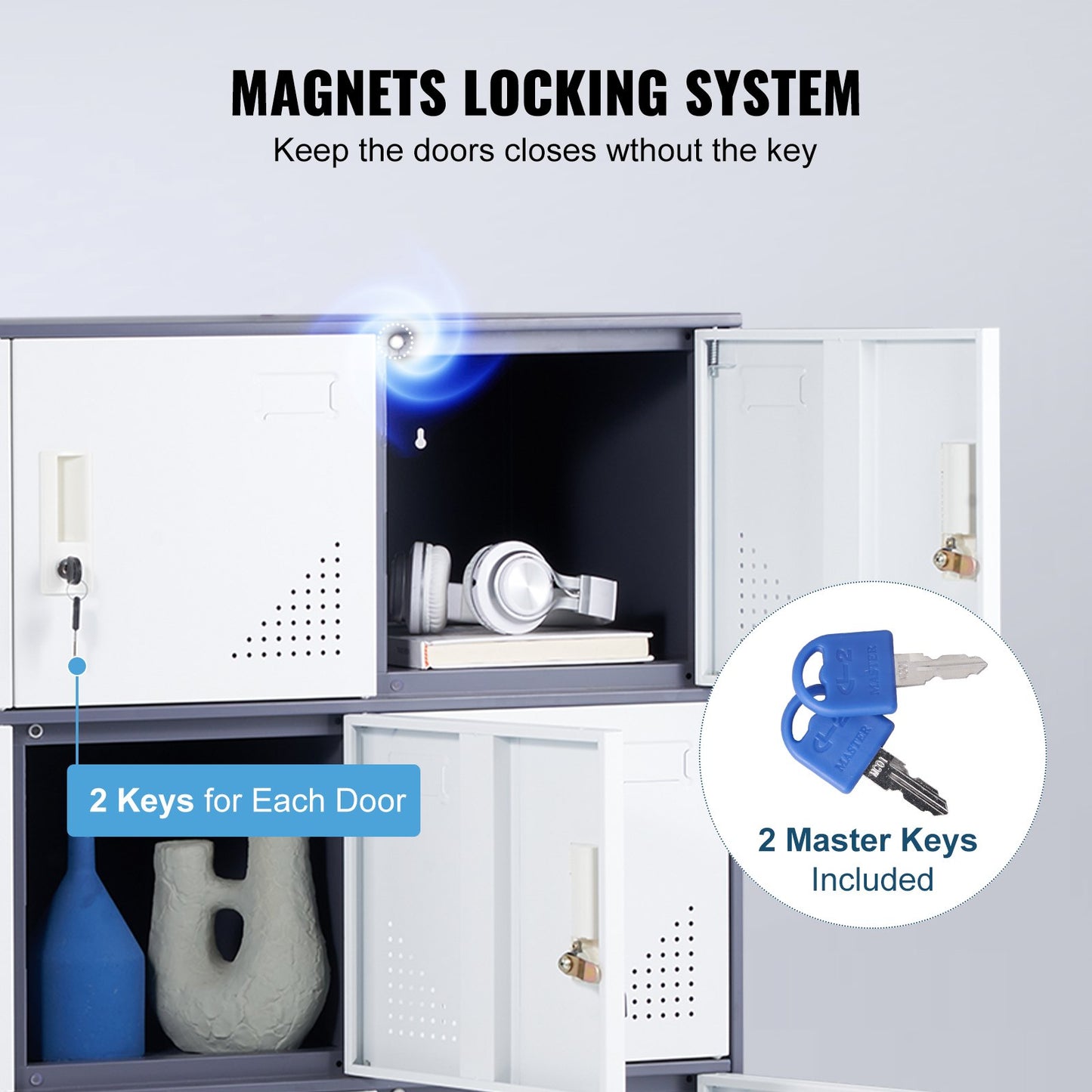 Metallskåp för anställda, förvaringsskåp med 9 dörrar och kortplats, grått stålskåp för anställda med nycklar, lastkapacitet 30 kg förvaringsskåp för kontor, hem, skola, gym