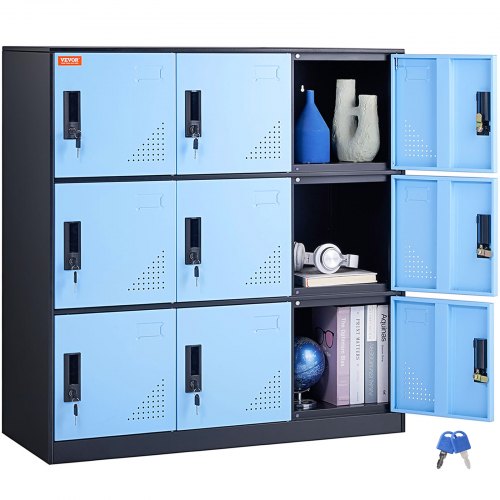 Metal Locker for Employees, 9 Doors Storage Cabinet with Card Slot, Employee Lockers with Keys, 66lbs Loading Capacity office Storage Lockers for Office, Home, School, Gym, Black