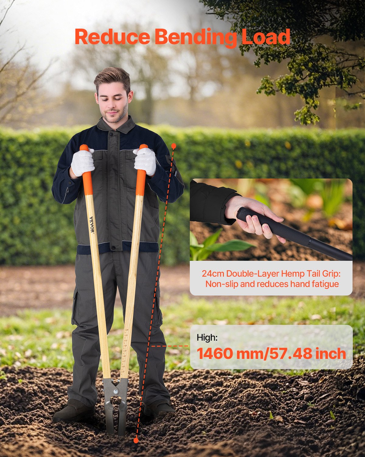 Post Hole Digger, Heavy Duty Post Hole Digger with Wood Handle, Manual Hole Digger with Scale Markings and Metal Blade, Post Hole Digger Tool for Digging Yard Work Gardening Outdoors, 57.5-Inch