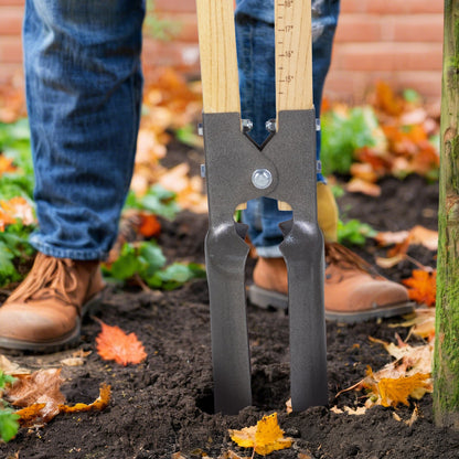 Post Hole Digger, Heavy Duty Post Hole Digger with Wood Handle, Manual Hole Digger with Scale Markings and Metal Blade, Post Hole Digger Tool for Digging Yard Work Gardening Outdoors, 57.5-Inch