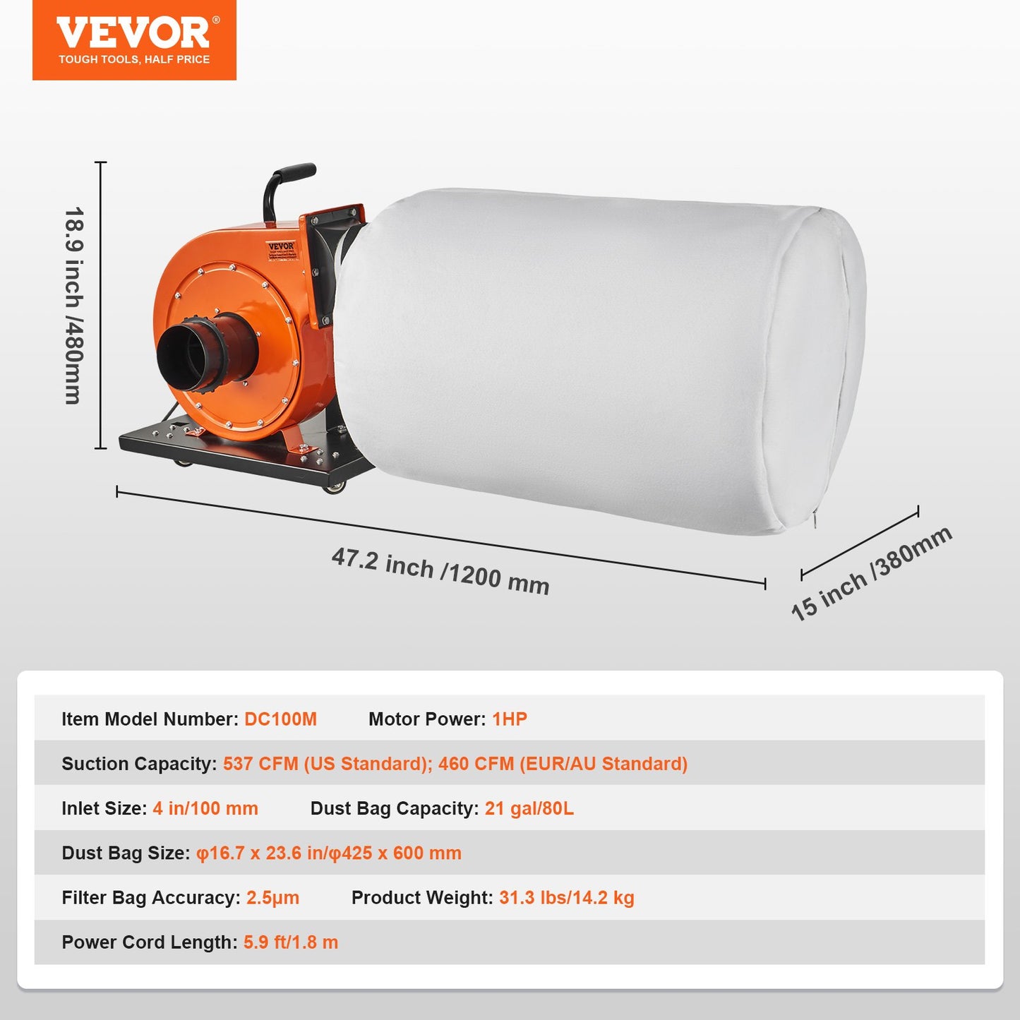 Dust Collector, 781.54 m³/h Air Flow, Rolling Dust Collector with 80-Liter Dust Collection Bag, 2.5 Micron Bag Filtration, Industrial Workshop Mobile Wood Dust Container with Handle and Wheels