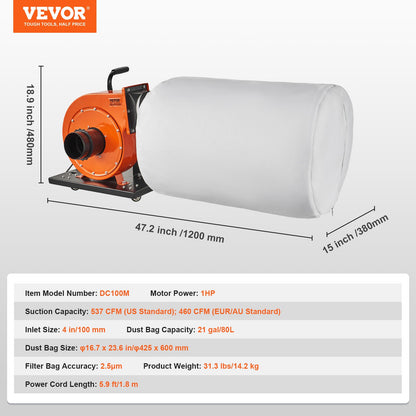 Dust Collector, 781.54 m³/h Air Flow, Rolling Dust Collector with 80-Liter Dust Collection Bag, 2.5 Micron Bag Filtration, Industrial Workshop Mobile Wood Dust Container with Handle and Wheels