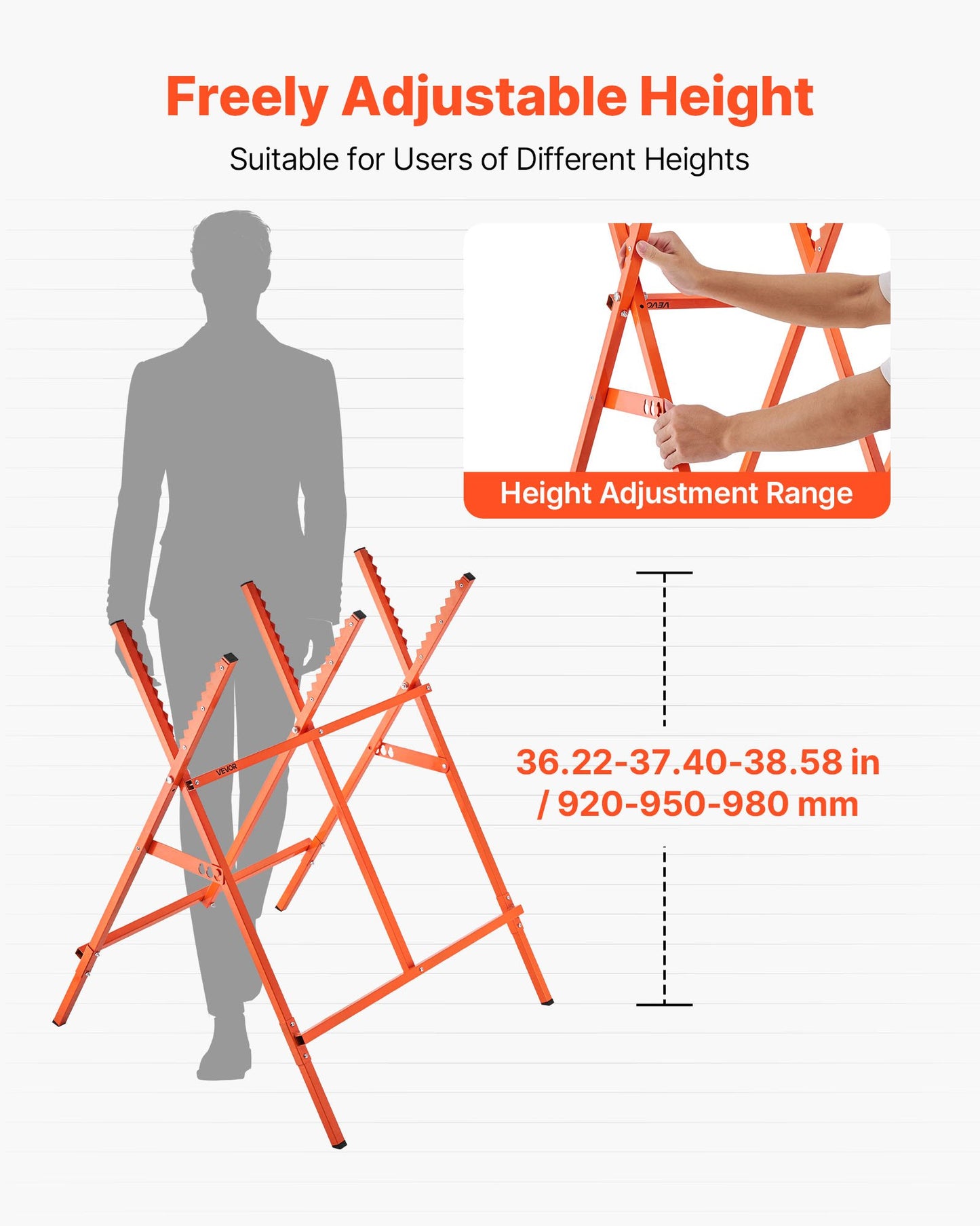 Sågbockar, 2-pack hopfällbara arbetsbockar, 117,9 kg lastkapacitet Sågbock med kraftiga ben, justerbar höjd sågbock med halkfria fotplattor, för träbearbetning, snickare och entreprenörer