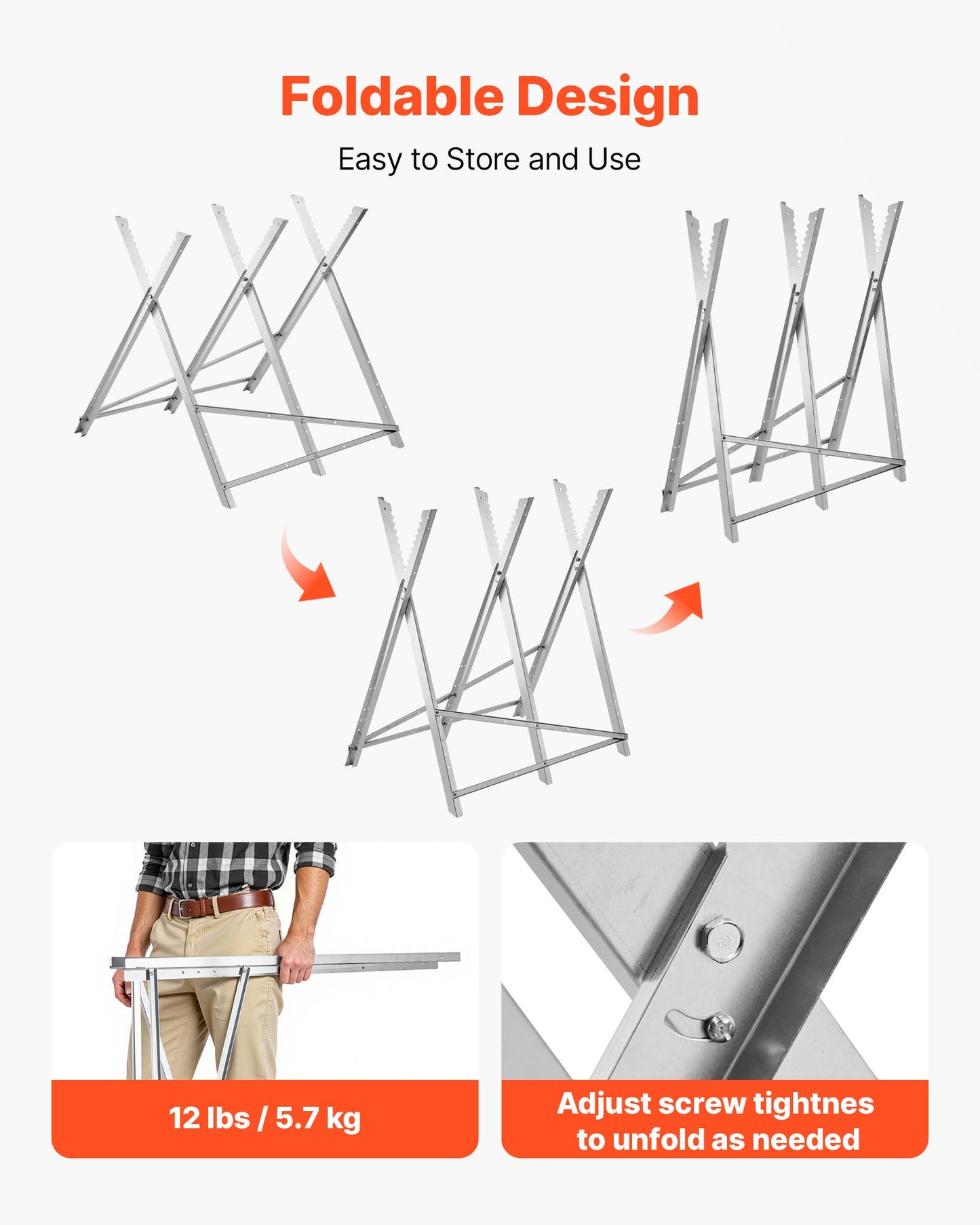 Sågbock, hopfällbar arbetsbock med kapacitet på 149,7 kg och kraftiga ben, sågbockar i helmetall med högkvalitativ stålram, rak och tandad struktur, för träbearbetning, snickare och entreprenörer