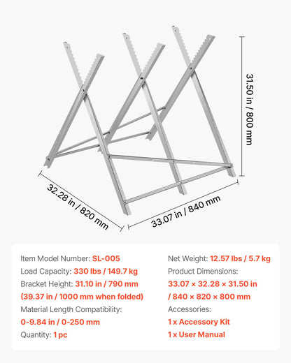 Sågbock, hopfällbar arbetsbock med kapacitet på 149,7 kg och kraftiga ben, sågbockar i helmetall med högkvalitativ stålram, rak och tandad struktur, för träbearbetning, snickare och entreprenörer
