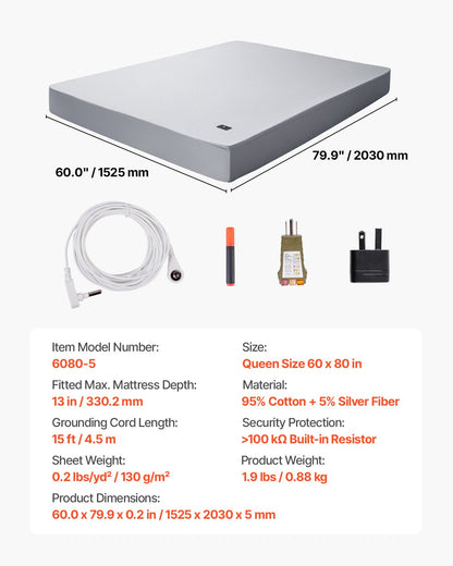 Grounding Sheets, Queen Size, 95% Cotton + 5% Pure Silver Fiber, Earth Grounded Fitted Bed Sheets, with Grounding Cord & Tester, for Improved Sleep & Wellness (Gray, Queen - 1525 x 2030 x 5 mm)