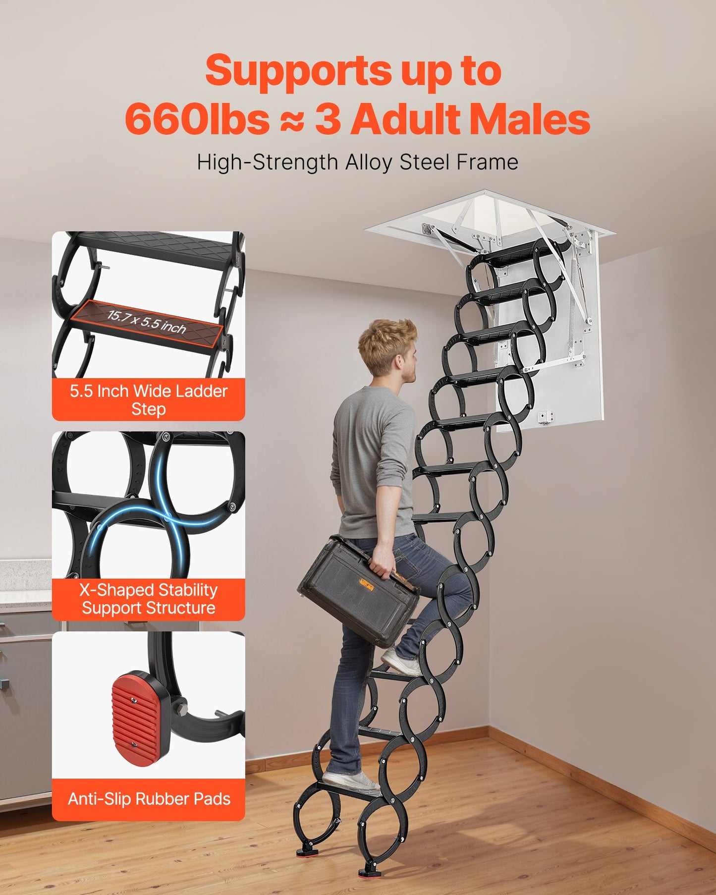 Vindstege, kapacitet 299,4 kg, passar takhöjd 2,4 till 2,7 m och öppningsmått 91 x 61 cm, nedfällbar taktrappa i legerat stål med dragstång för vindsloft