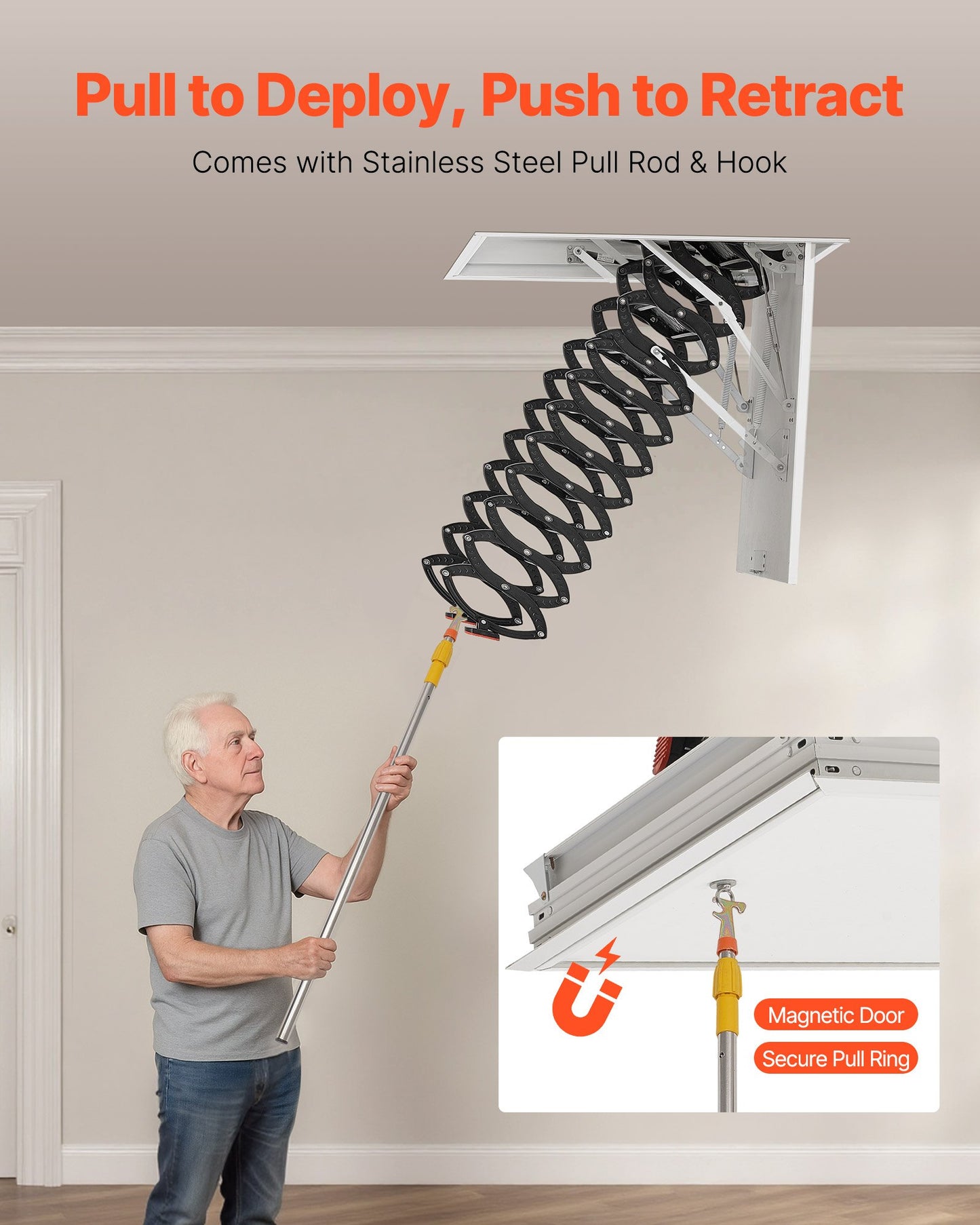 Vindstege, kapacitet 299,4 kg, passar takhöjd 2,4 till 2,7 m och öppningsmått 91 x 61 cm, nedfällbar taktrappa i legerat stål med dragstång för vindsloft