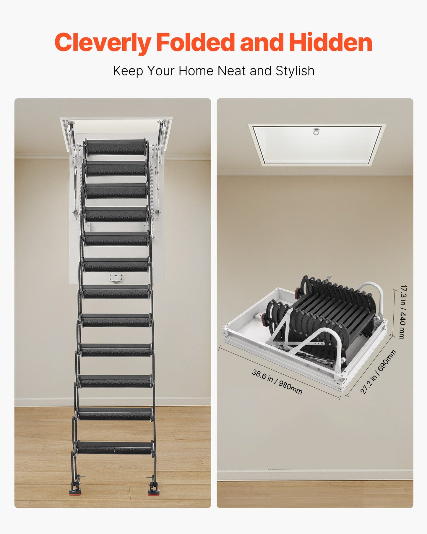 Vindstege, kapacitet 299,4 kg, passar takhöjd 2,4 till 2,7 m och öppningsmått 91 x 61 cm, nedfällbar taktrappa i legerat stål med dragstång för vindsloft