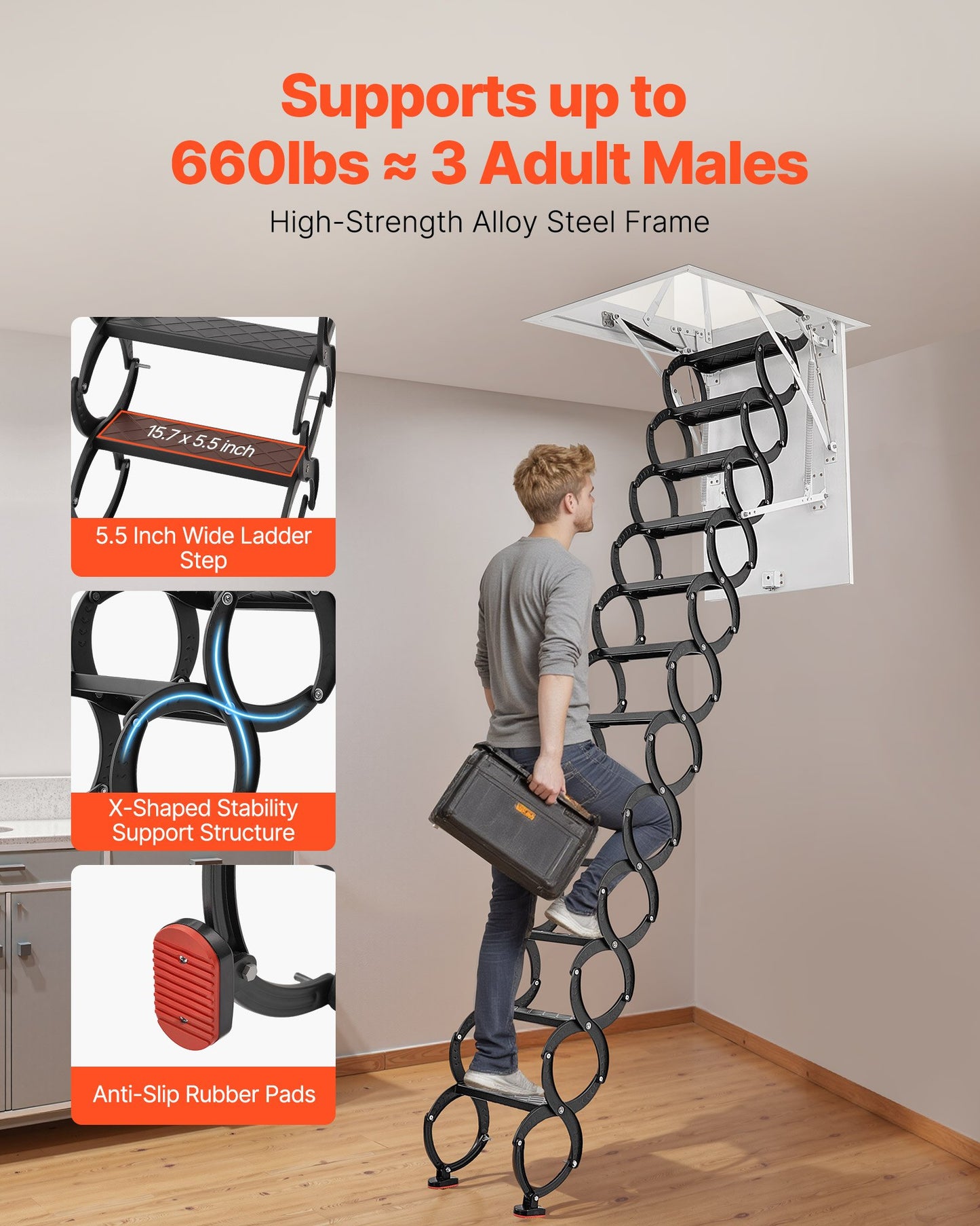 Attic Ladder, 660LBS/299.4KG Capacity, Fits 10.5 to 11 ft Ceiling Height and 39.4 x 27.5 inch Opening Size, Alloy Steel Pull-Down Retractable Ceiling Stair with Pulling Rod for Attic Loft Roof