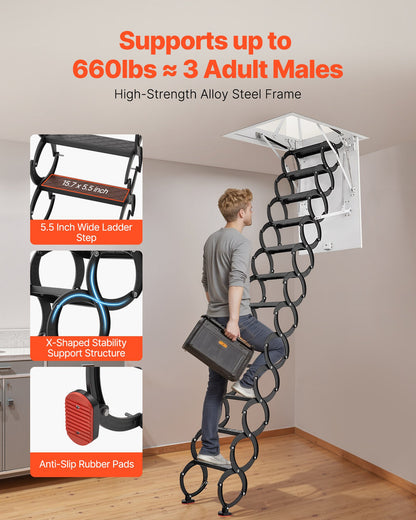 Attic Ladder, 660LBS/299.4KG Capacity, Fits 10.5 to 11 ft Ceiling Height and 39.4 x 27.5 inch Opening Size, Alloy Steel Pull-Down Retractable Ceiling Stair with Pulling Rod for Attic Loft Roof