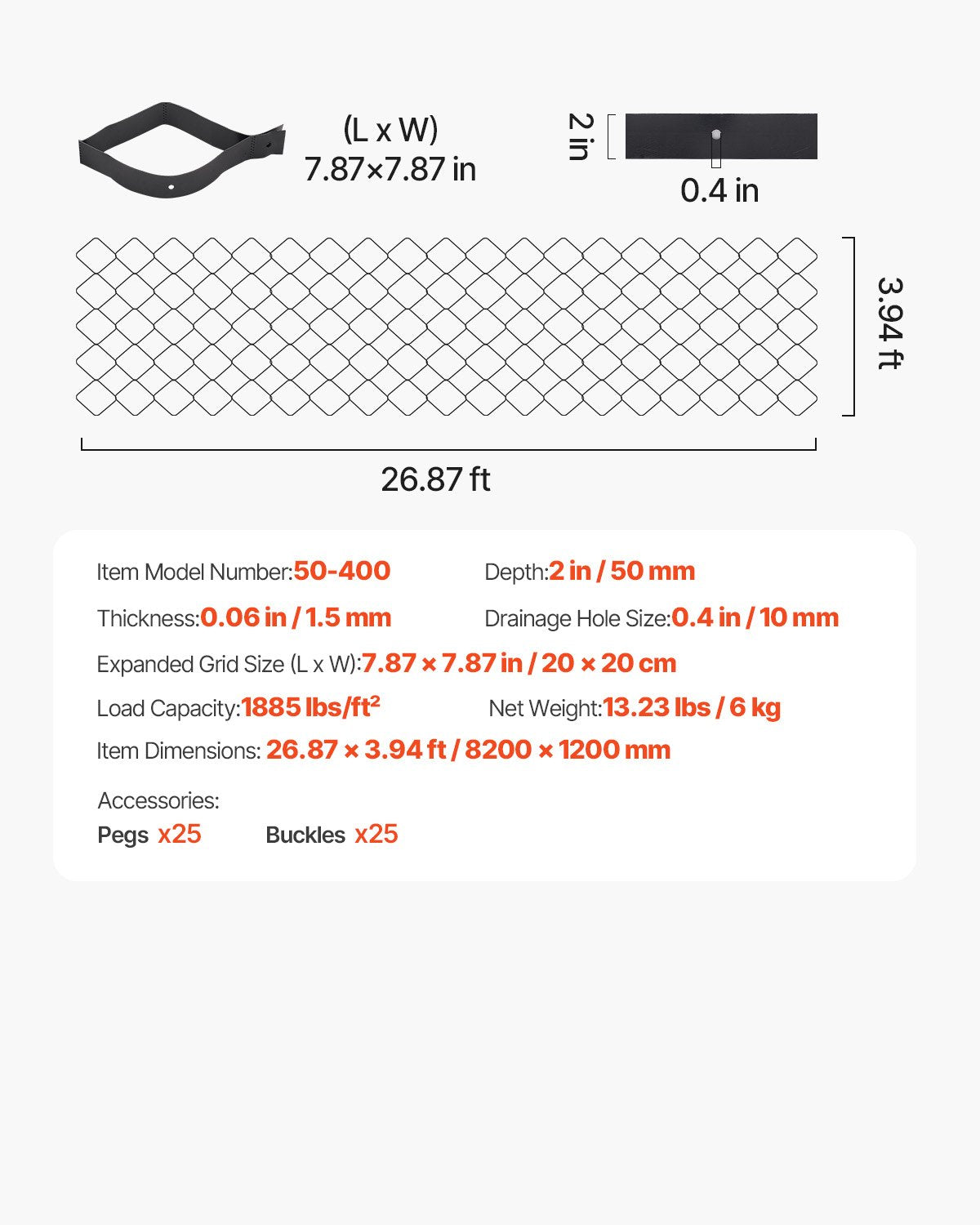 Gravel Grid, 2 Inch Depth, 26.87 x 3.94 FT / 8200 x 1200 mm, 1880 LBS Per Sq ft Grass Ground Retainer, Permeable Geo Grids Driveway Stabilization, for Garden, Patio, Walkway, RV Parking Slopes