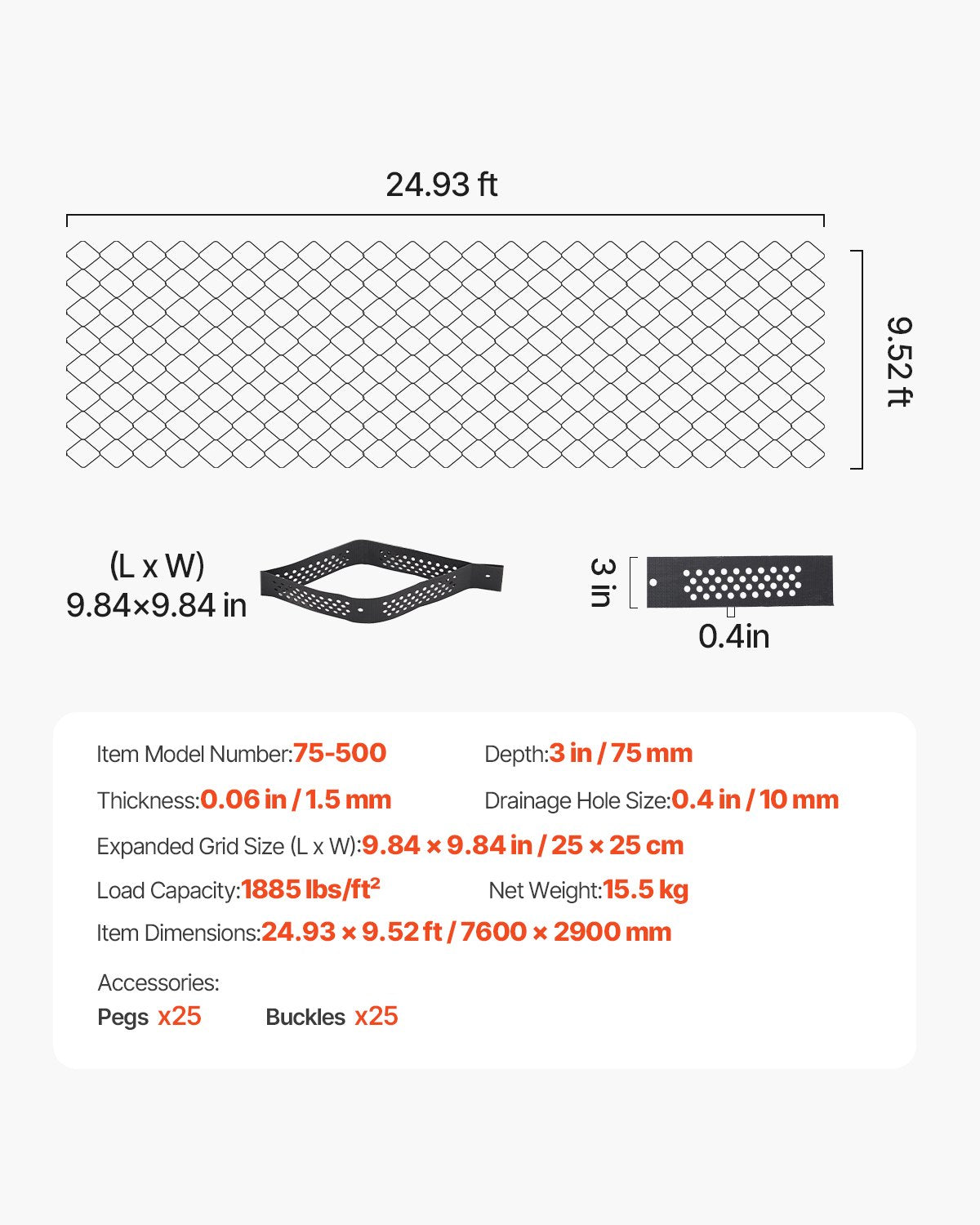 Gravel Grid, 3 Inch Depth, 24.93 x 9.52 FT / 7600 x 2900 mm, 1880 LBS Per Sq ft Grass Ground Retainer, Permeable Geo Grids Driveway Stabilization, for Garden, Patio, Walkway, RV Parking Slopes