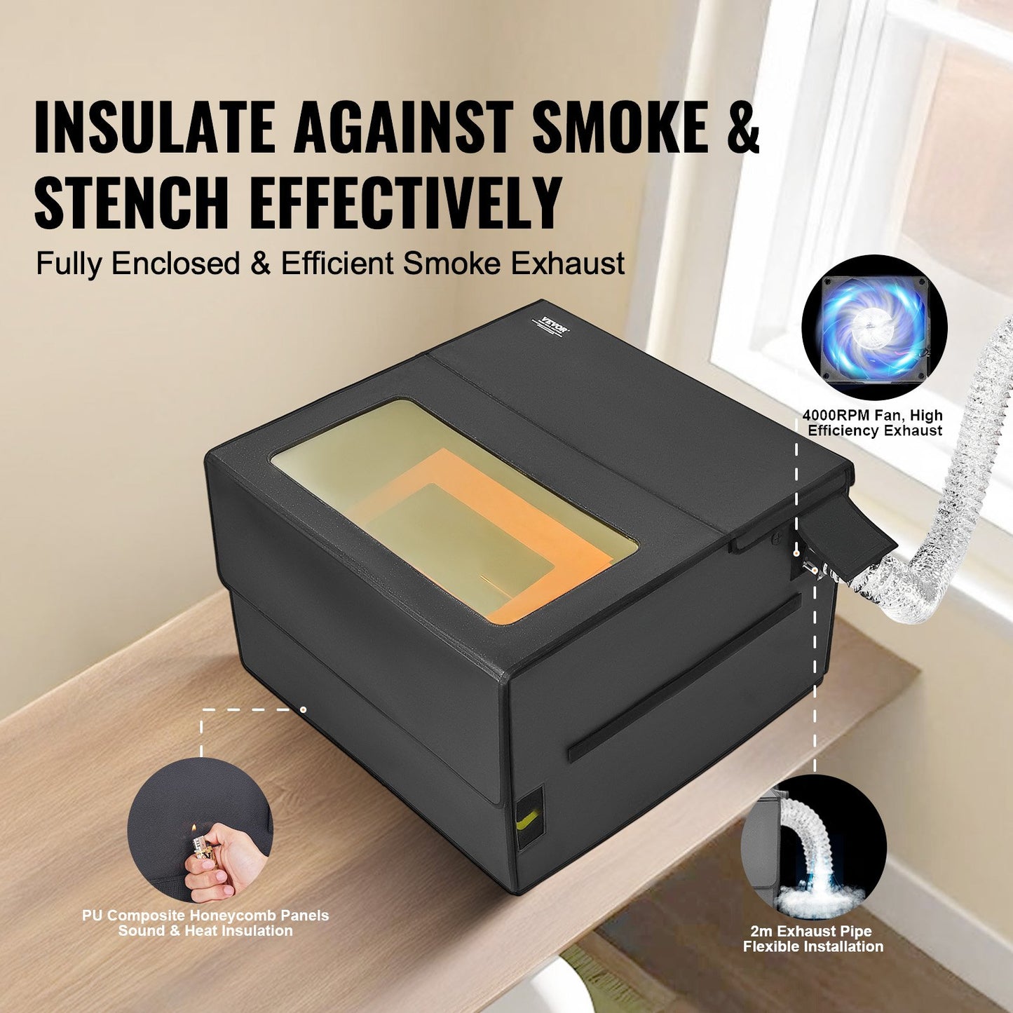 Lasergraveringslåda, 800 x 800 x 500 mm (31,5 x 31,5 x 19,6 tum), flamskyddat och brandsäkert skyddshölje, med frånluftsfläkt och rör, isolerar rök, buller och skyddar ögonen, passar de flesta lasergraveringsmaskiner