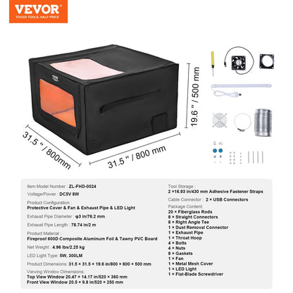 Laser Engraver Enclosure, 800 x 800 x 500 mm(31.5 x 31.5 x 19.6"), Dual-Direction Viewing, Flame Retardant and Fireproof Protective Cover, with Exhaust Fan and Pipe, Insulates Smoke, Noise and Eye Protection