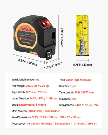 2-i-1 lasermåttband, 41 m uppladdningsbart lasermätverktyg och 4,8 m måttband med magnet, 4 lägen - längd, area, volym, kontinuerlig, ft/in/m/ft+in-enhet, för utomhusbruk, dekoration