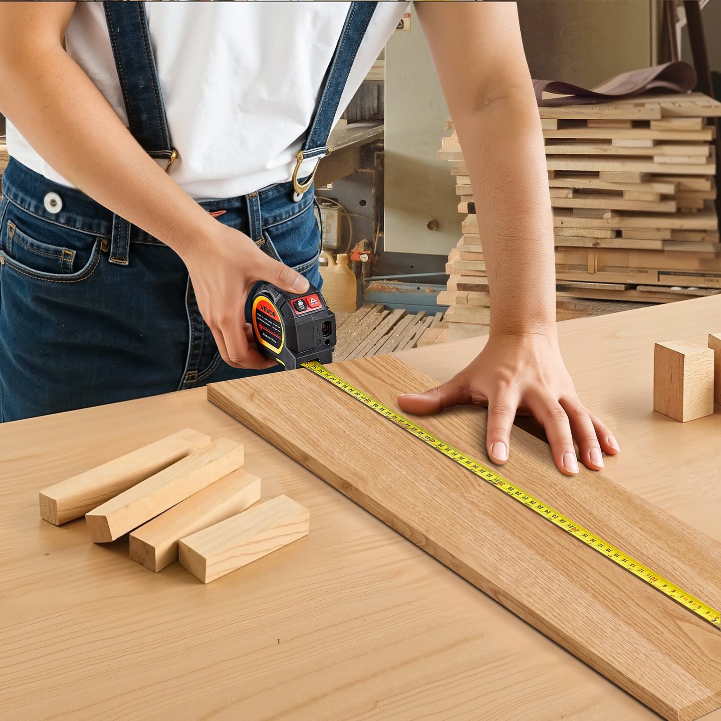 2-i-1 lasermåttband, 41 m uppladdningsbart lasermätverktyg och 4,8 m måttband med magnet, 4 lägen - längd, area, volym, kontinuerlig, ft/in/m/ft+in-enhet, för utomhusbruk, dekoration