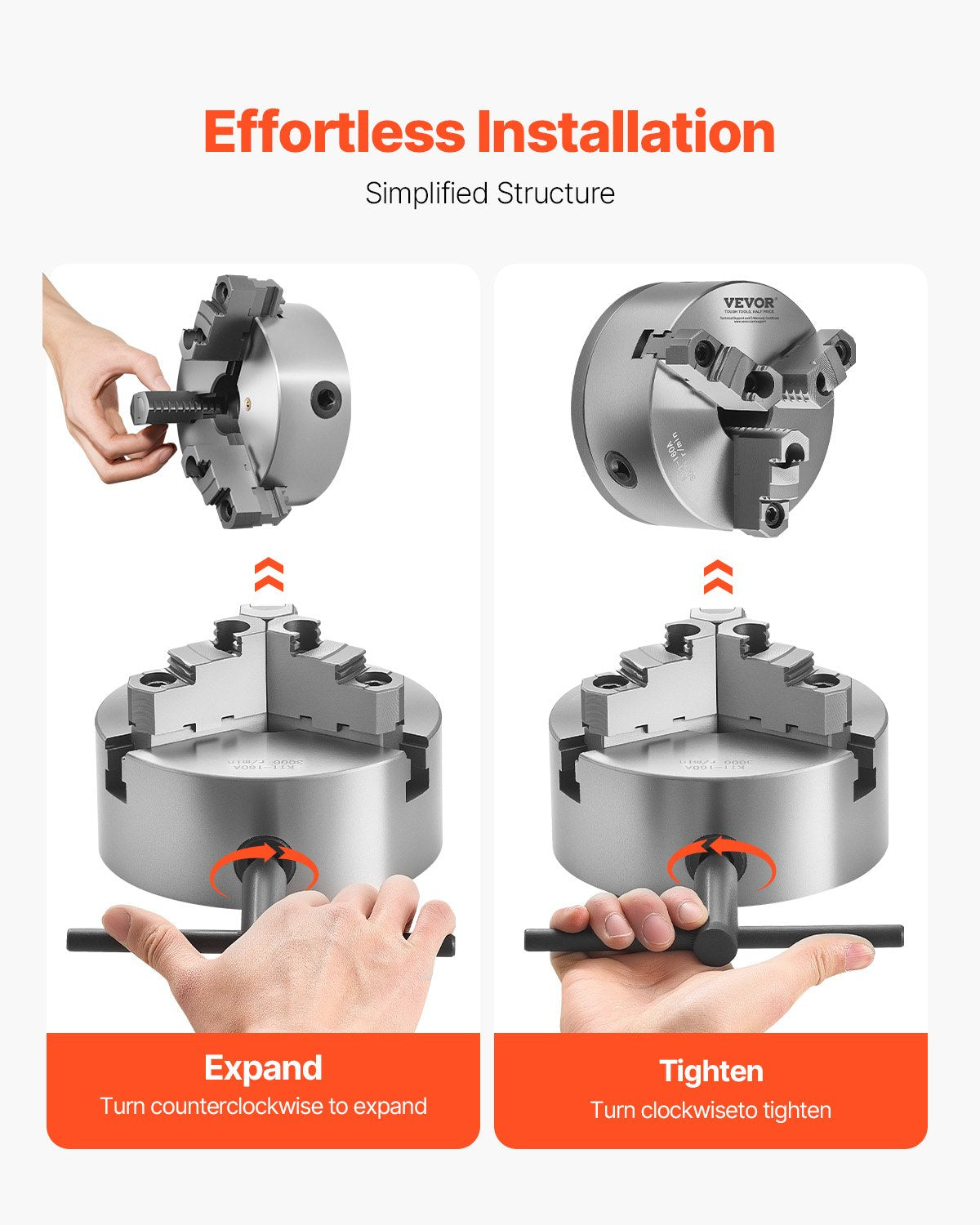 3-backs svarvchuck, 6 tum (160 mm), självcentrerande chuck med 1 1/2 tum-8 gängad stödplatta, 0,12-5,71 tum (3-145 mm) spännområde med T-nyckelskruvar, HT300-material, för trä- och metallsvarv