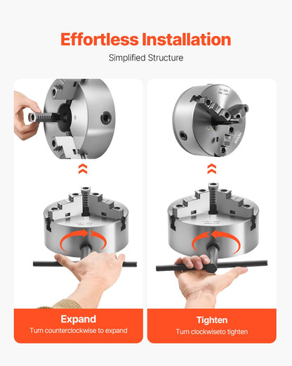 3-käfts svarvchuck, 8 tum (200 mm), självcentrerande chuck med 2 1/4 tum-8 gängad stödplatta, 0,16-7,87 tum (4-200 mm) spännområde med T-nyckelskruvar, HT300-material, för trä- och metallsvarv