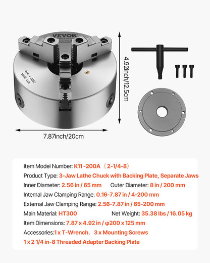 3-käfts svarvchuck, 8 tum (200 mm), självcentrerande chuck med 2 1/4 tum-8 gängad stödplatta, 0,16-7,87 tum (4-200 mm) spännområde med T-nyckelskruvar, HT300-material, för trä- och metallsvarv
