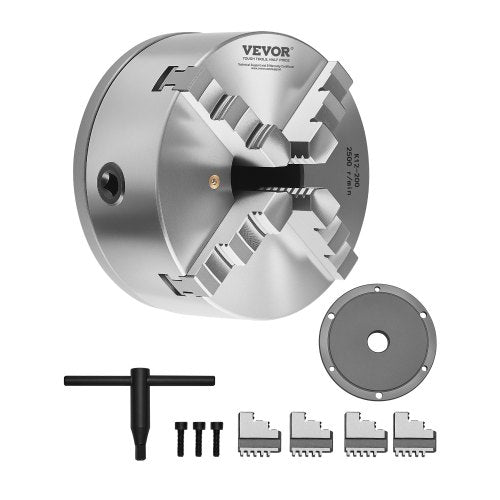 4-Jaw Lathe Chuck, 8 Inch (200 mm), Self-Centering Chuck with 1 1/2 in-8 Threaded Backing Plate, 0.16-7.87 in (4-200 mm) Clamping Range with T-wrench Screws, HT300 Material, for Wood Metal Lathe