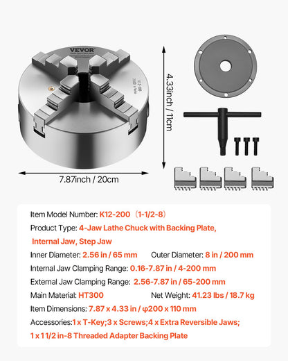 4-Jaw Lathe Chuck, 8 Inch (200 mm), Self-Centering Chuck with 1 1/2 in-8 Threaded Backing Plate, 0.16-7.87 in (4-200 mm) Clamping Range with T-wrench Screws, HT300 Material, for Wood Metal Lathe