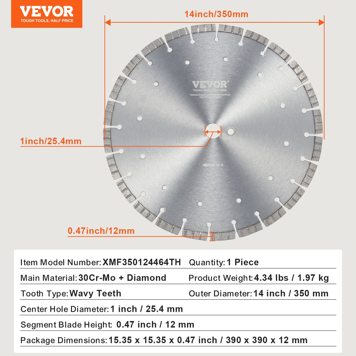 Diamond Blade, 14inch/350mm Concrete Saw Blade Wet or Dry, 0.47inch/12mm Wavy Teeth Diamond Segment Blade, Universal 1 inch/25.4 mm Center Hole Diameter, for Concrete Cement Board Tile Brick