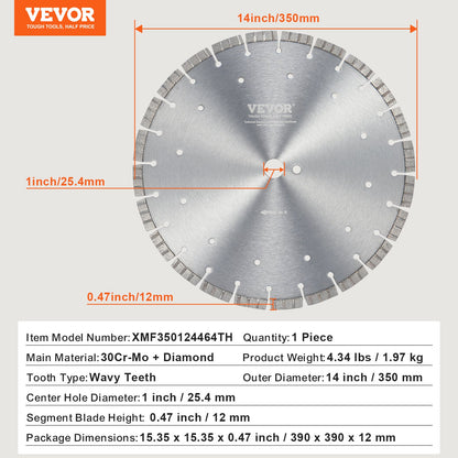Diamond Blade, 14inch/350mm Concrete Saw Blade Wet or Dry, 0.47inch/12mm Wavy Teeth Diamond Segment Blade, Universal 1 inch/25.4 mm Center Hole Diameter, for Concrete Cement Board Tile Brick