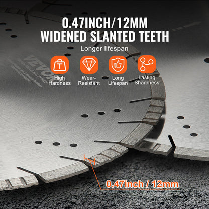 Diamond Blade, 16inch/400mm Concrete Saw Blade Wet or Dry, 0.47inch/12mm Slanted Teeth Diamond Segment Blade, Universal 1 inch/25.4 mm Center Hole Diameter, for Concrete Cement Board Tile Brick