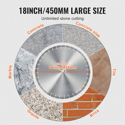 Diamond Blade, 18inch/450mm Concrete Saw Blade Wet or Dry, 0.47inch/12mm Flat Teeth Diamond Segment Blade, Universal 1 inch/25.4 mm Center Hole Diameter, for Concrete Cement Board Tile Brick