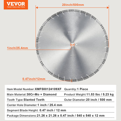 Diamond Blade, 20inch/500mm Concrete Saw Blade Wet or Dry, 0.47inch/12mm Slanted Teeth Diamond Segment Blade, Universal 1 inch/25.4 mm Center Hole Diameter, for Concrete Cement Board Tile Brick