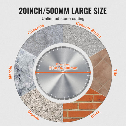 Diamond Blade, 20inch/500mm Concrete Saw Blade Wet or Dry, 0.47inch/12mm Flat Teeth Diamond Segment Blade, Universal 1 inch/25.4 mm Center Hole Diameter, for Concrete Cement Board Tile Brick