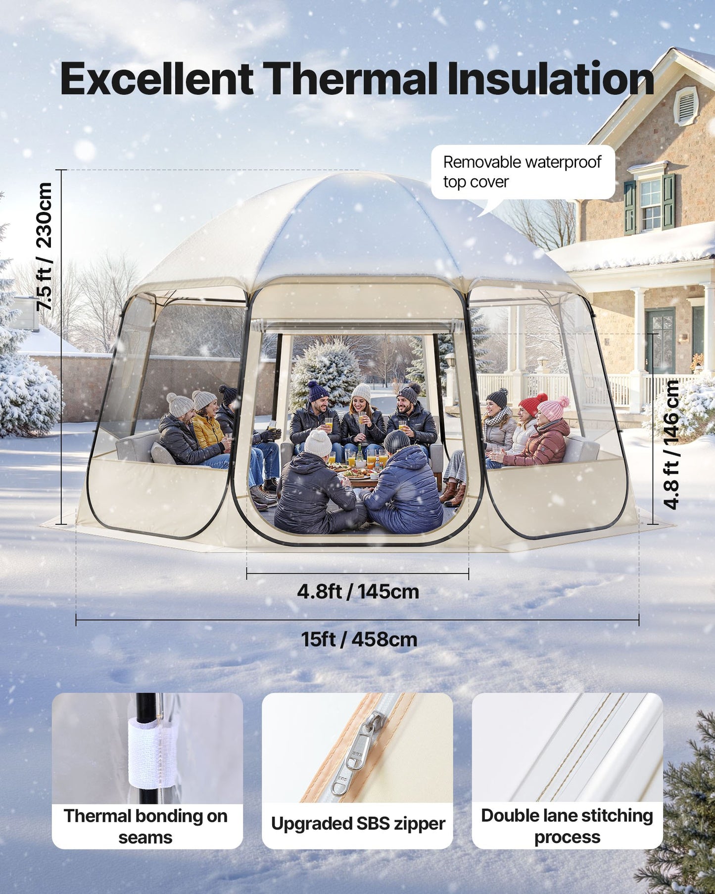Pop-up bubbeltält, 4,58 x 4,32 m vattentätt och UV-resistent, genomskinligt campingtältskydd, utomhusträdgårdskupoltält med fönster, 540° panoramautsikt, för 12-15 personer uteplats bakgård