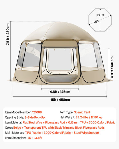 Pop-up bubbeltält, 4,58 x 4,32 m vattentätt och UV-resistent, genomskinligt campingtältskydd, utomhusträdgårdskupoltält med fönster, 540° panoramautsikt, för 12-15 personer uteplats bakgård