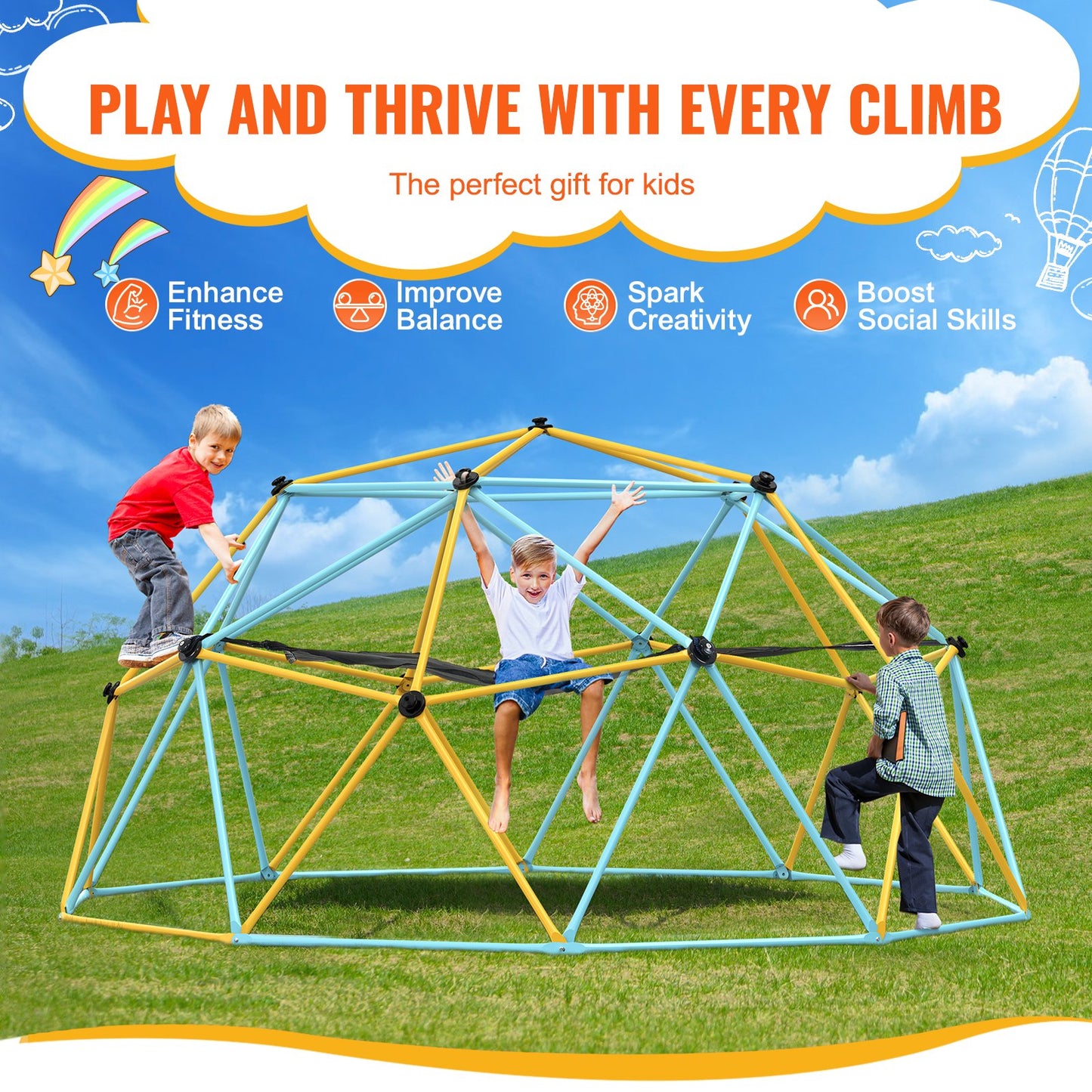 Climbing Dome, 10FT Geometric Dome Climber with Hammock and Swing, for Kids 3 to 10 Years Old, Jungle Gym Supports 750LBS and Easy Assembly, with Climbing Grip, Outdoor Backyard Play Equipment