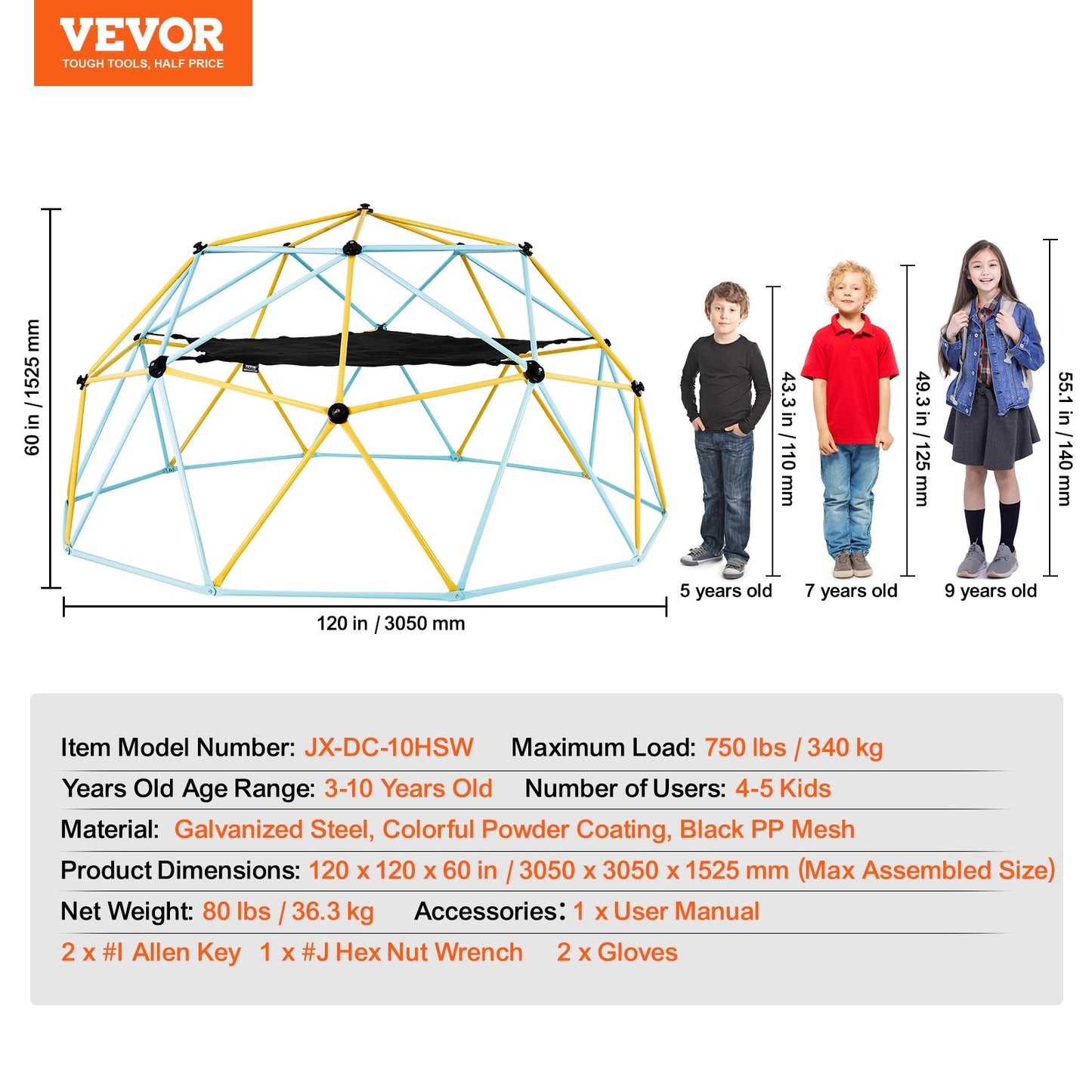 Climbing Dome, 10FT Geometric Dome Climber with Hammock and Swing, for Kids 3 to 10 Years Old, Jungle Gym Supports 750LBS and Easy Assembly, with Climbing Grip, Outdoor Backyard Play Equipment