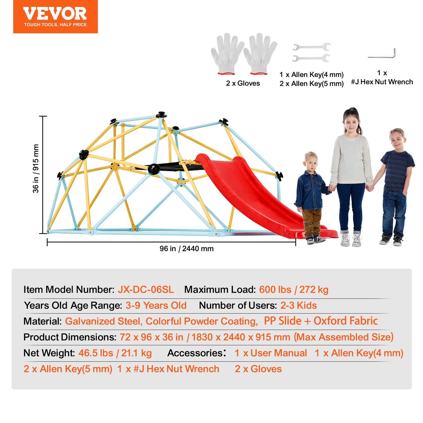 Climbing Dome, 8FT Geometric Dome Climber with Slide, for Kids 3 to 9 Years Old, Jungle Gym Supports 600LBS and Easy Assembly, with Climbing Grip, Outdoor and Indoor Play Equipment for Kids