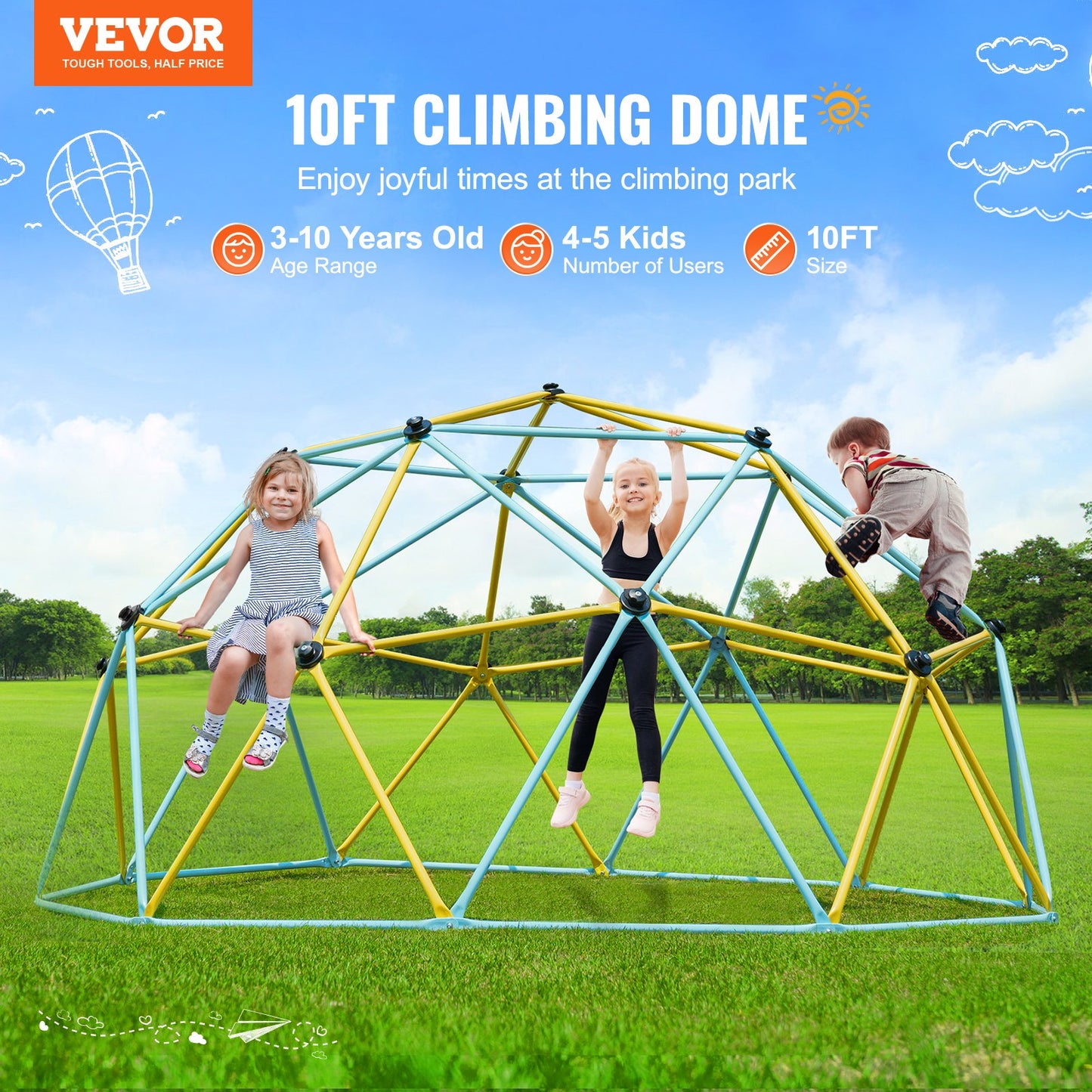 Climbing Dome, 10FT Geometric Dome Climber Play Center for Kids 3 to 10 Years Old, Jungle Gym Supports 750LBS and Easy Assembly, with Climbing Grip, Outdoor Backyard Play Equipment for Kids
