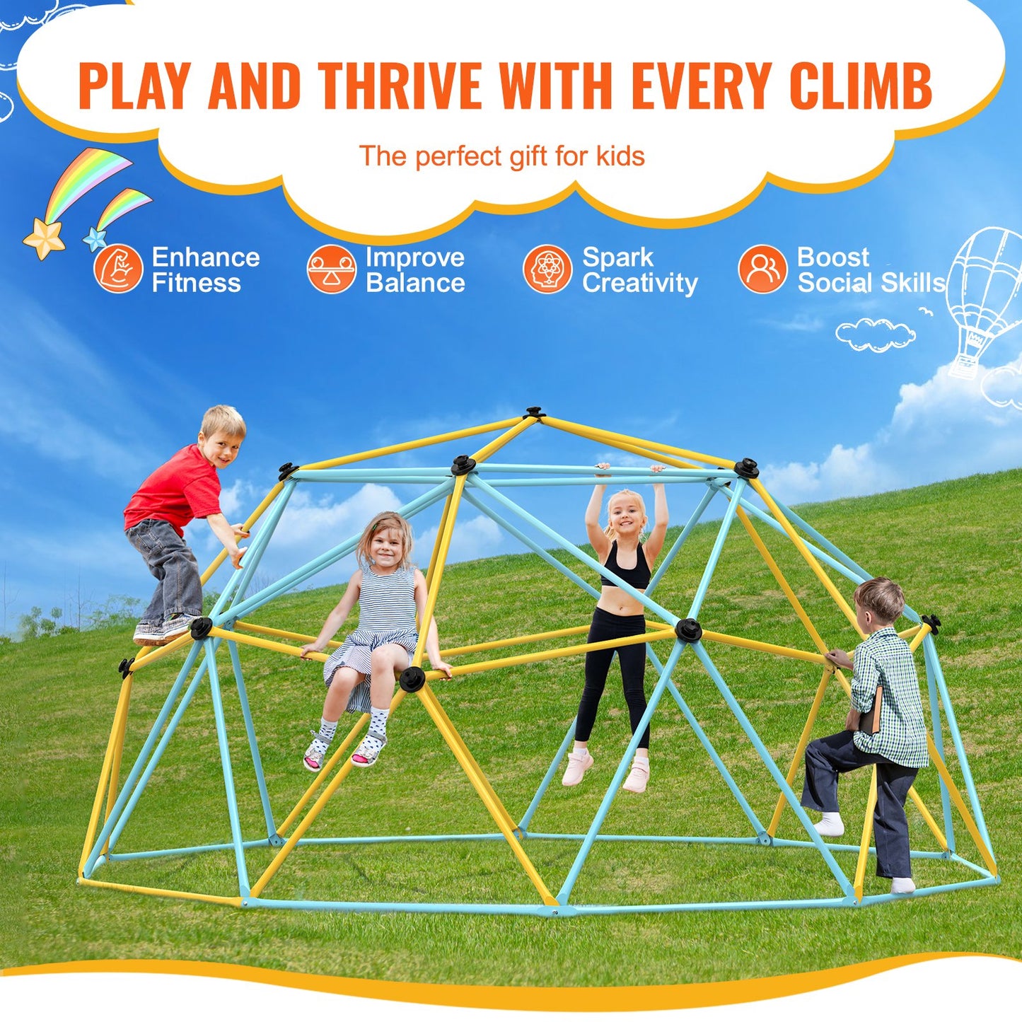 Climbing Dome, 10FT Geometric Dome Climber Play Center for Kids 3 to 10 Years Old, Jungle Gym Supports 750LBS and Easy Assembly, with Climbing Grip, Outdoor Backyard Play Equipment for Kids