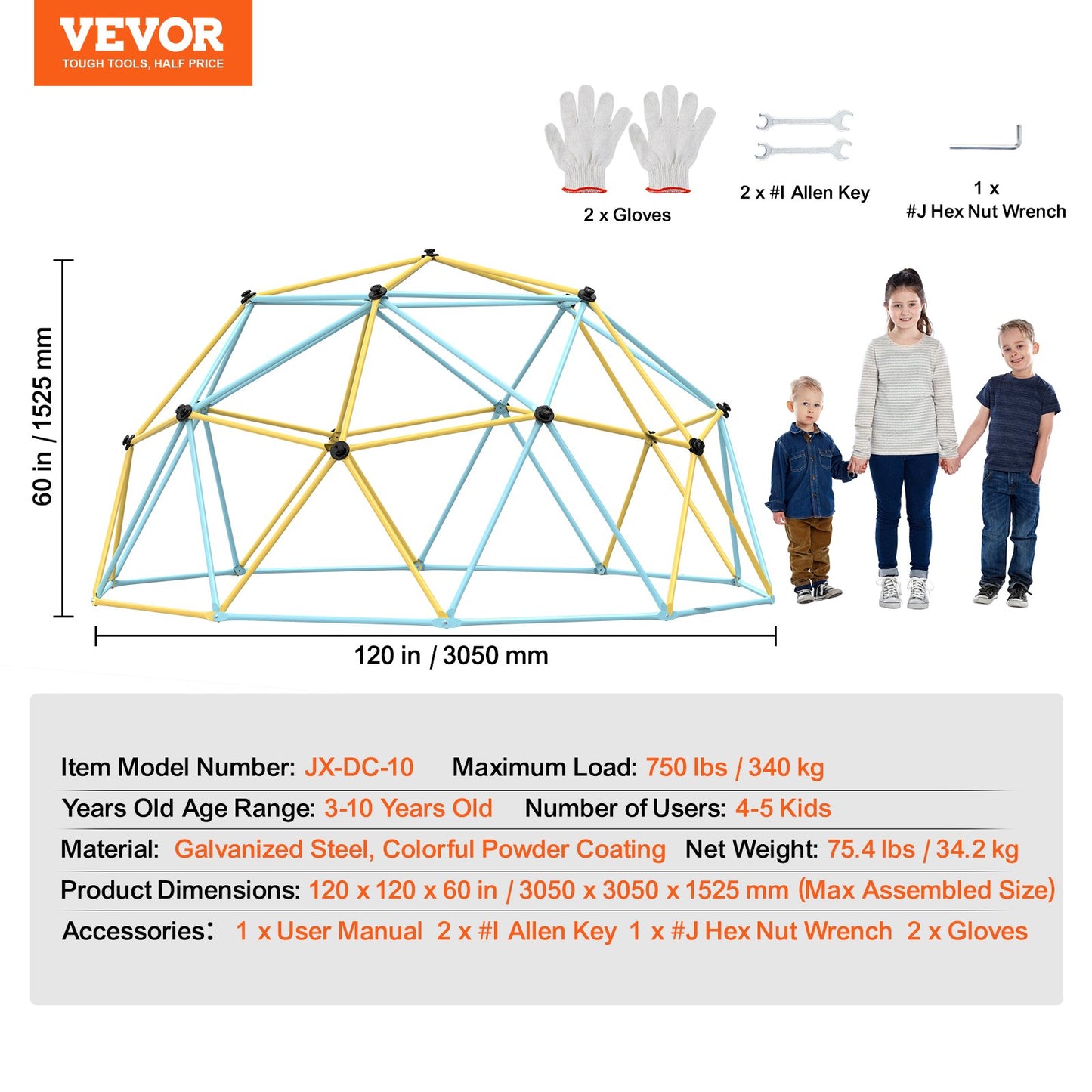 Climbing Dome, 10FT Geometric Dome Climber Play Center for Kids 3 to 10 Years Old, Jungle Gym Supports 750LBS and Easy Assembly, with Climbing Grip, Outdoor Backyard Play Equipment for Kids