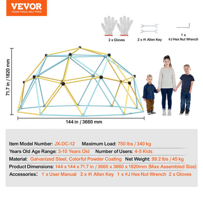 Climbing Dome, 12FT Geometric Dome Climber Play Center for Kids 3 to 10 Years Old, Jungle Gym Supports 750LBS and Easy Assembly, with Climbing Grip, Outdoor Backyard Play Equipment for Kids