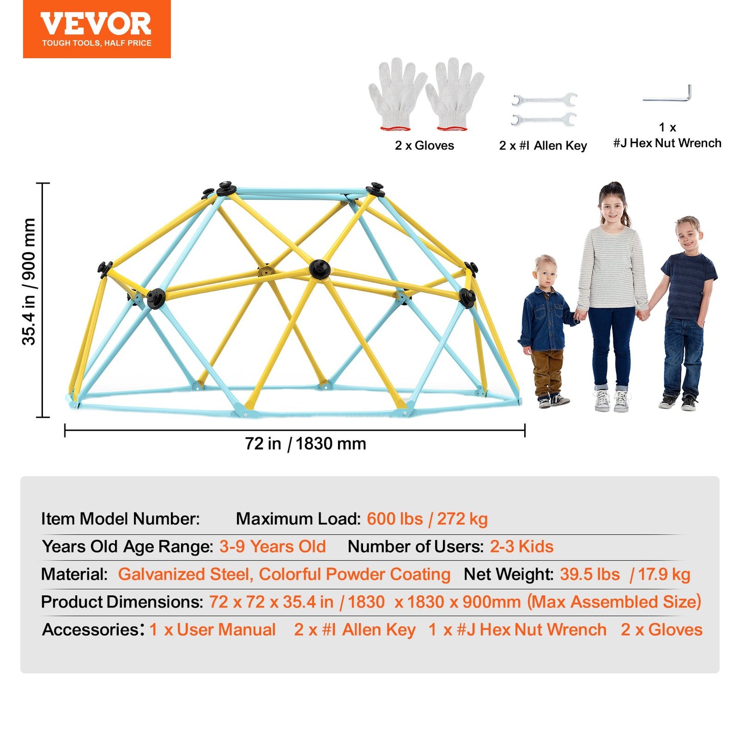 Climbing Dome, 6FT Geometric Dome Climber Play Center for Kids 3 to 9 Years Old, Jungle Gym Supports 600LBS and Easy Assembly, with Climbing Grip, Outdoor and Indoor Play Equipment for Kids